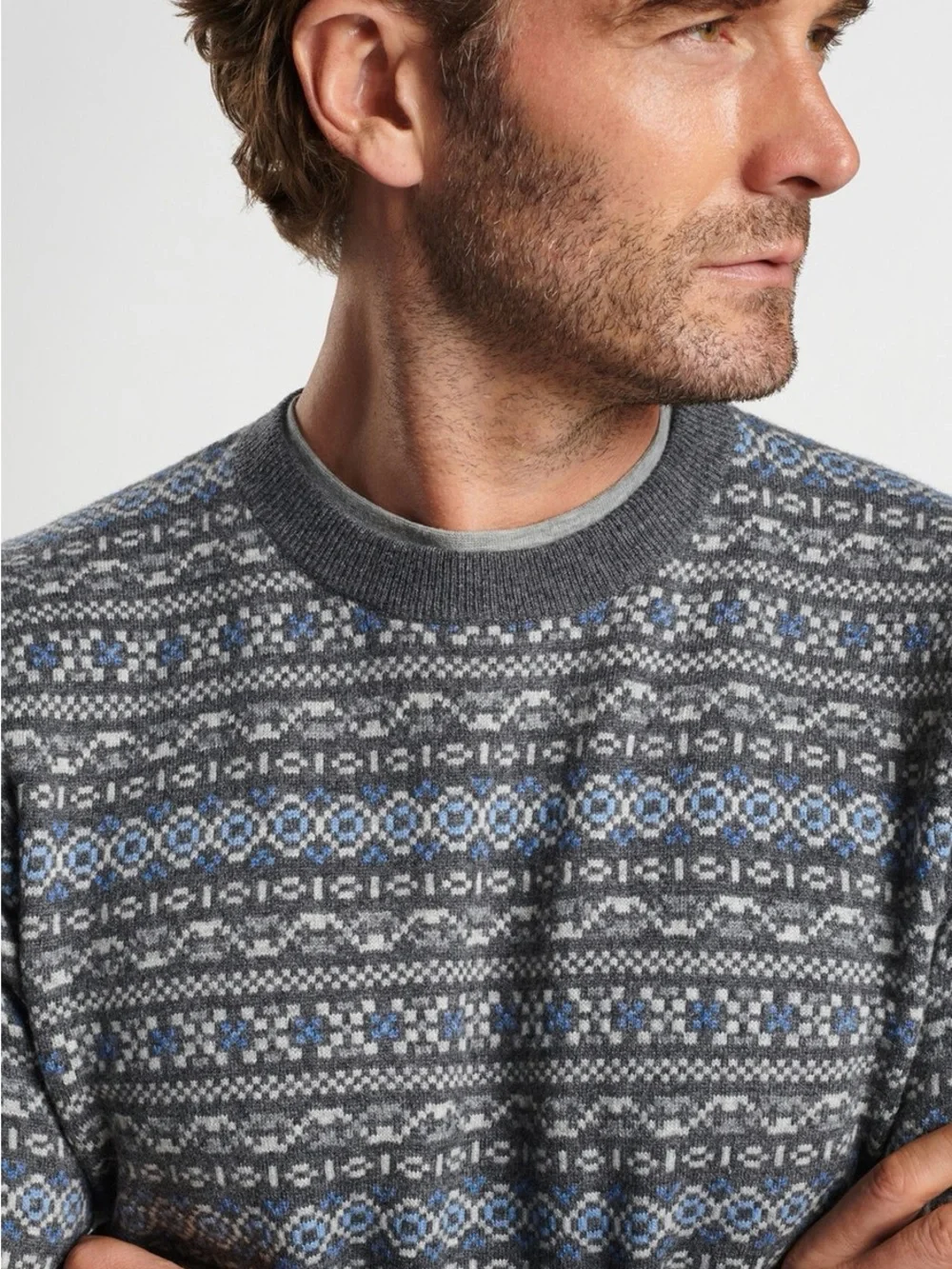 Peter Millar Grey Crewneck Wool/Cashmere Sweater with Blue Fair Isle Motif